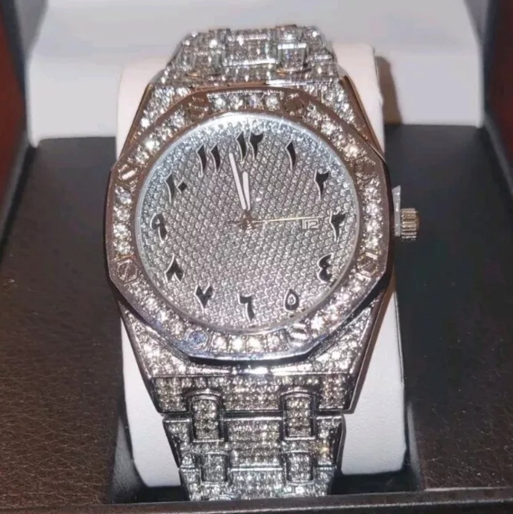 Men's Iced Simulated Diamond CZ Silverplated Alloy Arabic Numeral Quartz Watch